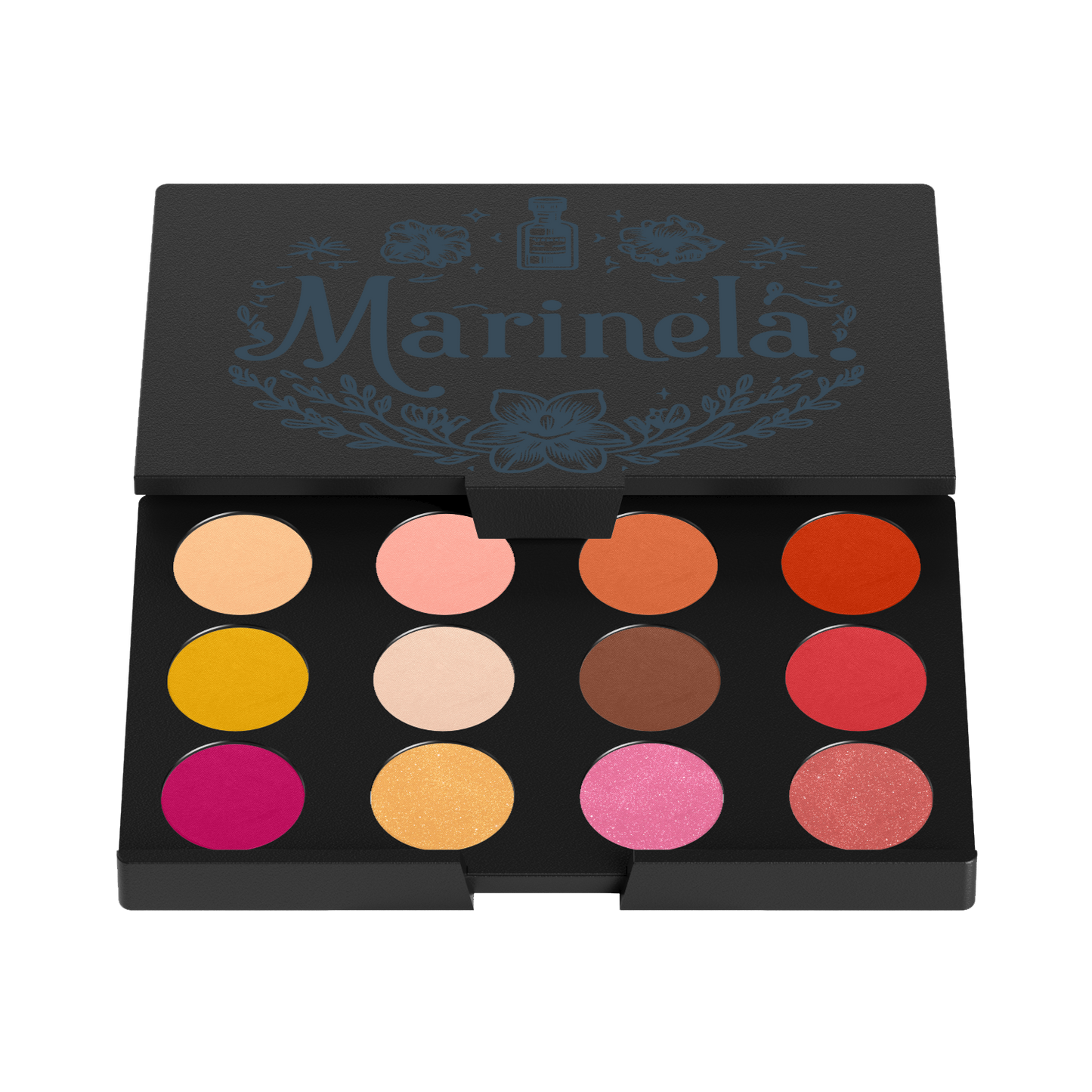 Eyeshadow Palette large with vibrant colors in compact mirrored case, talc-free, vegan, cruelty-free.